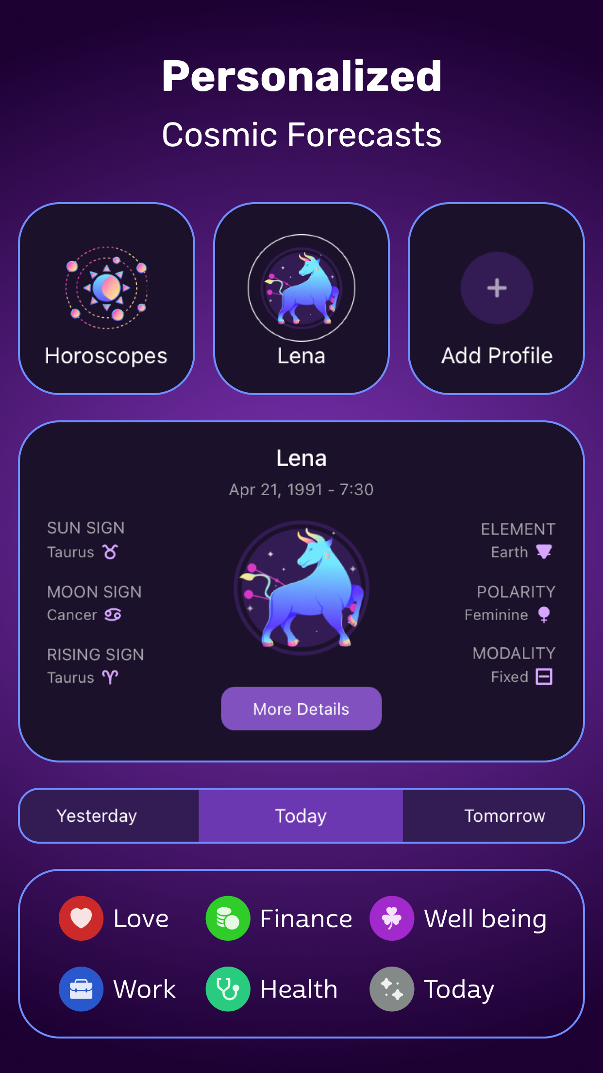 Personalized Capricorn profile with Sun, Moon and Rising sign in the Daily Horoscope astrology app